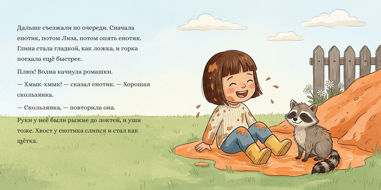 Горка. Съезжают по очереди — Лиза, потом енотик