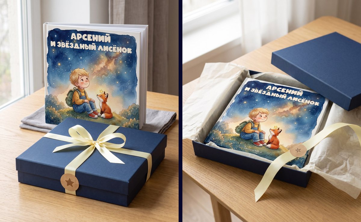 Закрытая тёмно-синяя коробка с лентой и открытая коробка с книгой внутри